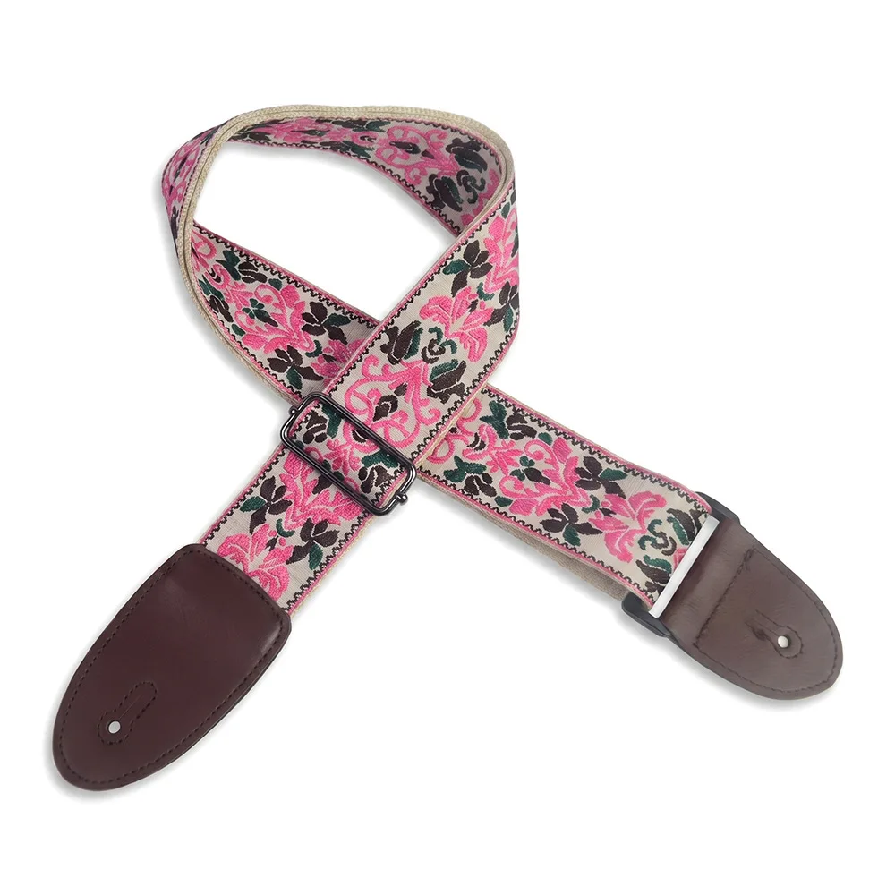 Vintage Embroidered Guitar Bass Strap Thickened Widened Brown Leather End Shoulder Sling for Acoustic Folk Electric Guitar