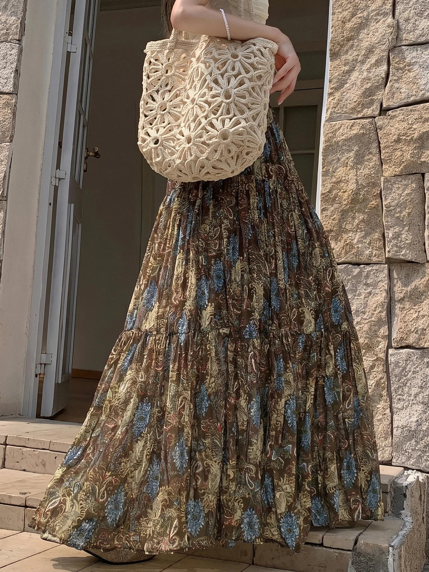 

Retro Chiffon Floral Print Pleated High Waist A-Line Midi Skirt Women Summer Slimming Casual Polyester Fiber High Waist Skirt