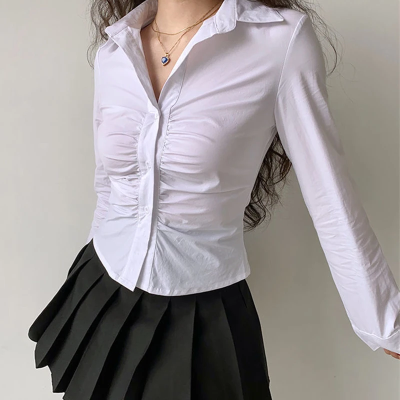 Vintage Pleated Women White Shirt American Long Sleeve Slim Blouse Fall Casual Single Breasted Female Streetwear Retro Tops