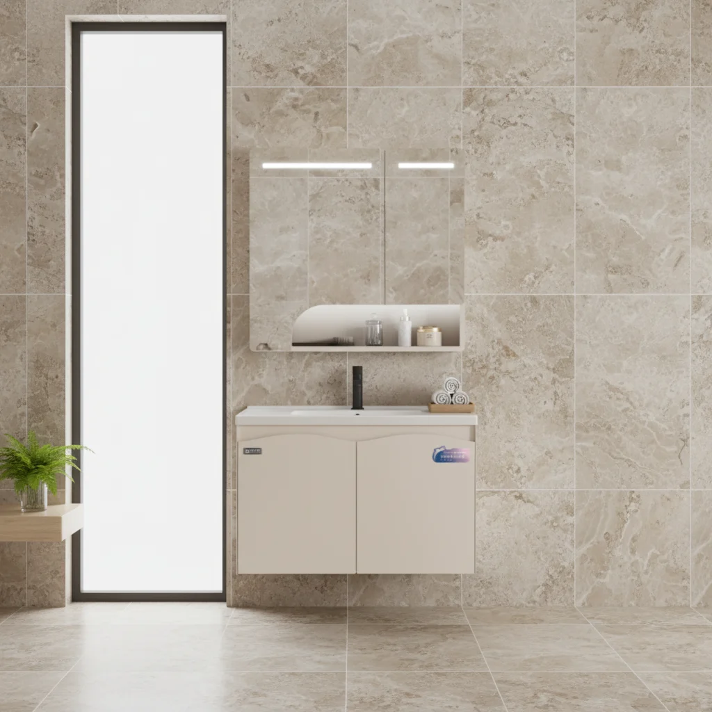 Stainless Steel Women's BY47-80 Modern Wall-Mounted Ceramic Basin Vanity Mirror Double-Mirror Door Easy-Clean Bathroom Cabinet