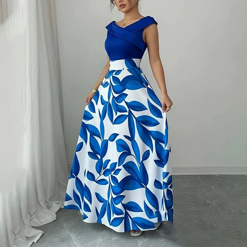 Women's V Neck Sleeveless Colorblock Floral Print High Waist Flowy Maxi Dress Comfort Casual Commute Elegant Evening Party Dress