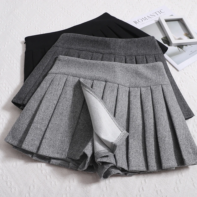 Women's Wool Pleated Skirt Low Waisted Slit Side Boxy-pleat Mini Skirt Y2K Miniskirt Autumn Winter Teen-girl Skort Preppy Outfit