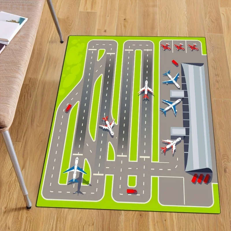 Kids Airport Runway Play Mat Flannel Carpet Educational Airplane Game Rug for Children Bedroom Living Room Floor Decor