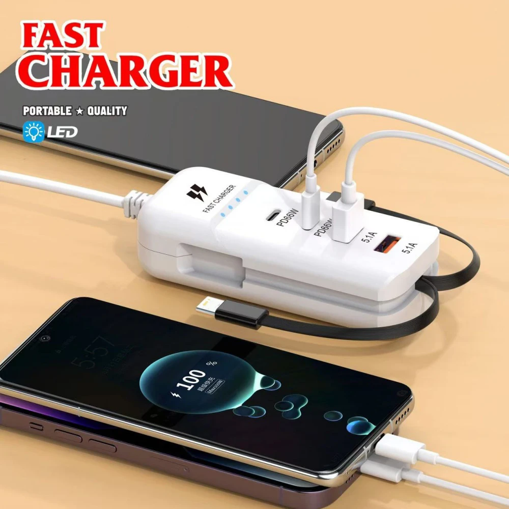 66W USB Type C Fast Charger Power Socket Mobile Phone Charger With Breathing Lamp For iPhone 16 Pro Xiaomi 4 Ports Wall Adapters