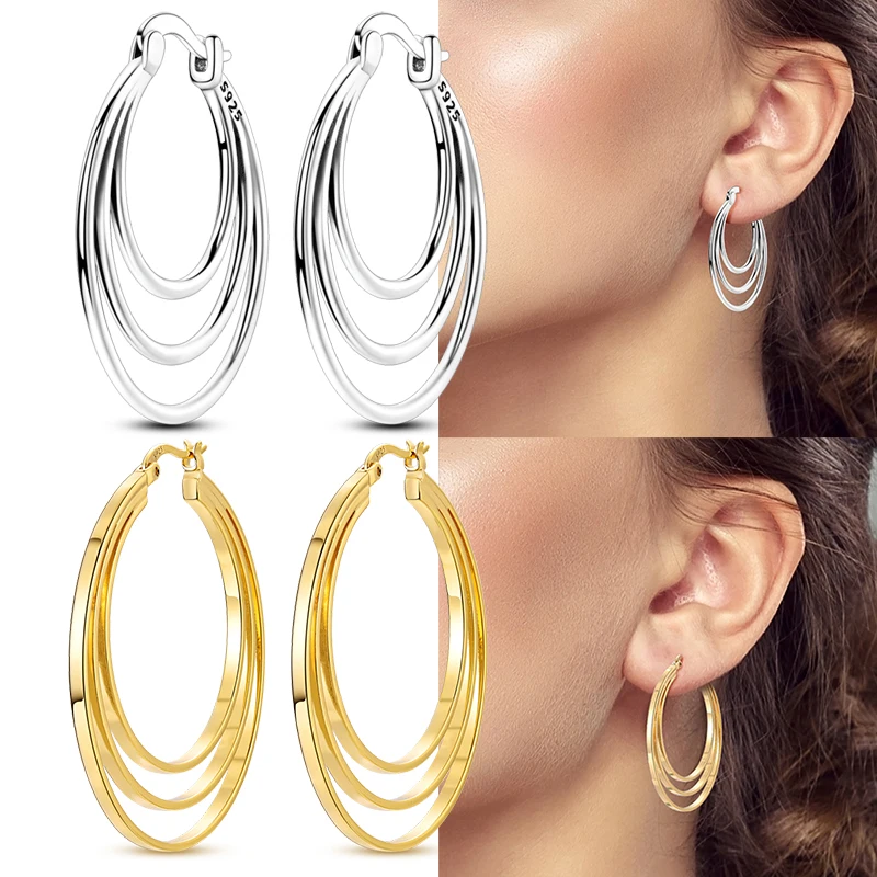 925 Sterling Silver Golden Earrings Women Sparkling Triple-layer Oval Coil Hoop Earring for Anniversary Wedding Jewelry Gifts