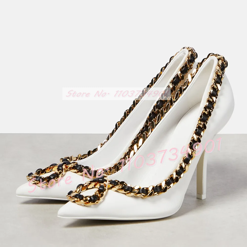 Black Chain-link Trim Point-toe Pumps Women White Stiletto High Heels Shoes Ladies Nifty Fashion Big Size Metal Detail Pumps