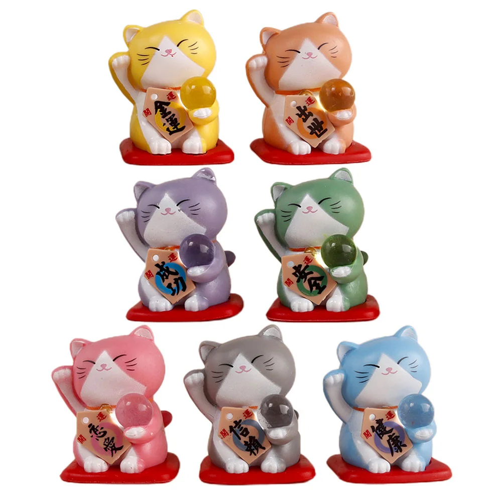 

7 Pcs Mini Lucky Cat Sculpture Desktop Ornament Miniature Figurines Decor Animal Pvc Decoration