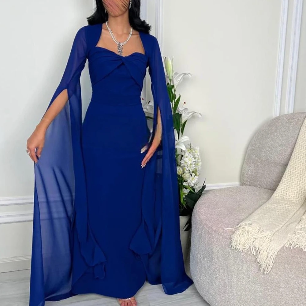 

Temperament Pleats Belt A-Line Prom Gowns Elegant Sweetheart Tulle Long Sleeves Blue Evening Dresses فساتين سهره نسائيه فخمة