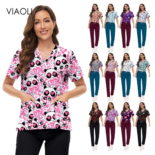 Conjunto de exfoliantes para mujer, artículos de enfermería, uniforme quirúrgico para médico, enfermera, clínica de farmacia, ropa de trabajo para el cuidado de la salud, exfoliante estampado elástico Unisex