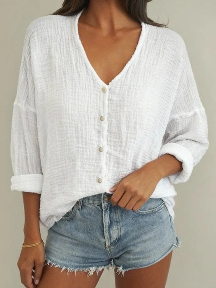 

2025 Elegant Button Solid Color Shirt Spring New Women's Long Sleeved Top Casual Loose Holiday V-neck Women's Shirt Streetwear