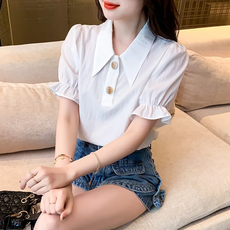 

Summer White Shirt Women Short Sleeve Women Clothing 2024 Korean Fashion Peter Pan Collar Womens Tops Solid Button Blouse Women
