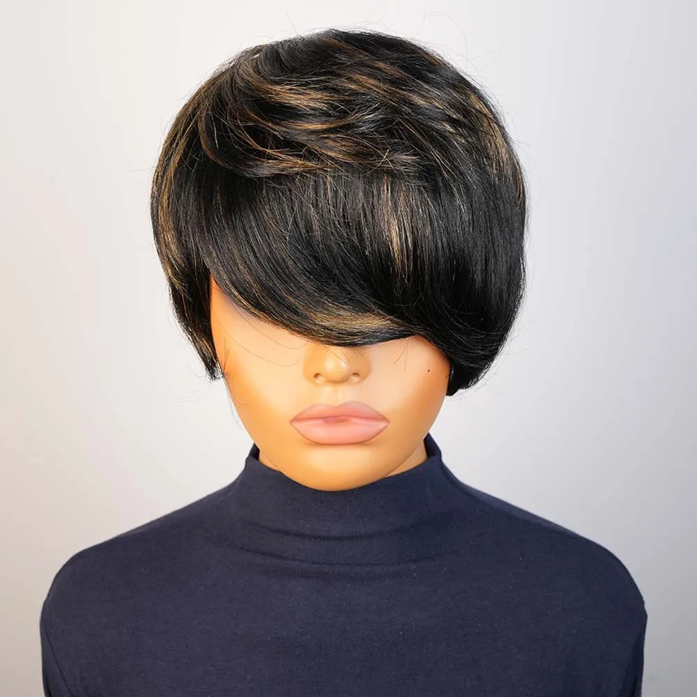 Блондинка с бликами, многослойный короткий парик пикси для чернокожих женщин, прямые человеческие волосы, полностью машинное производство, парик Боб с челкой