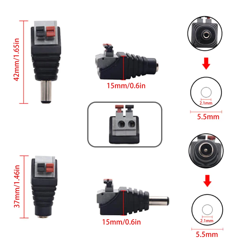 2Pcs Welding Free Clip Spring DC Connector 5.5*2.1MM Male Female Docking Plug DC Connector Adapter For LED Strip No Screw