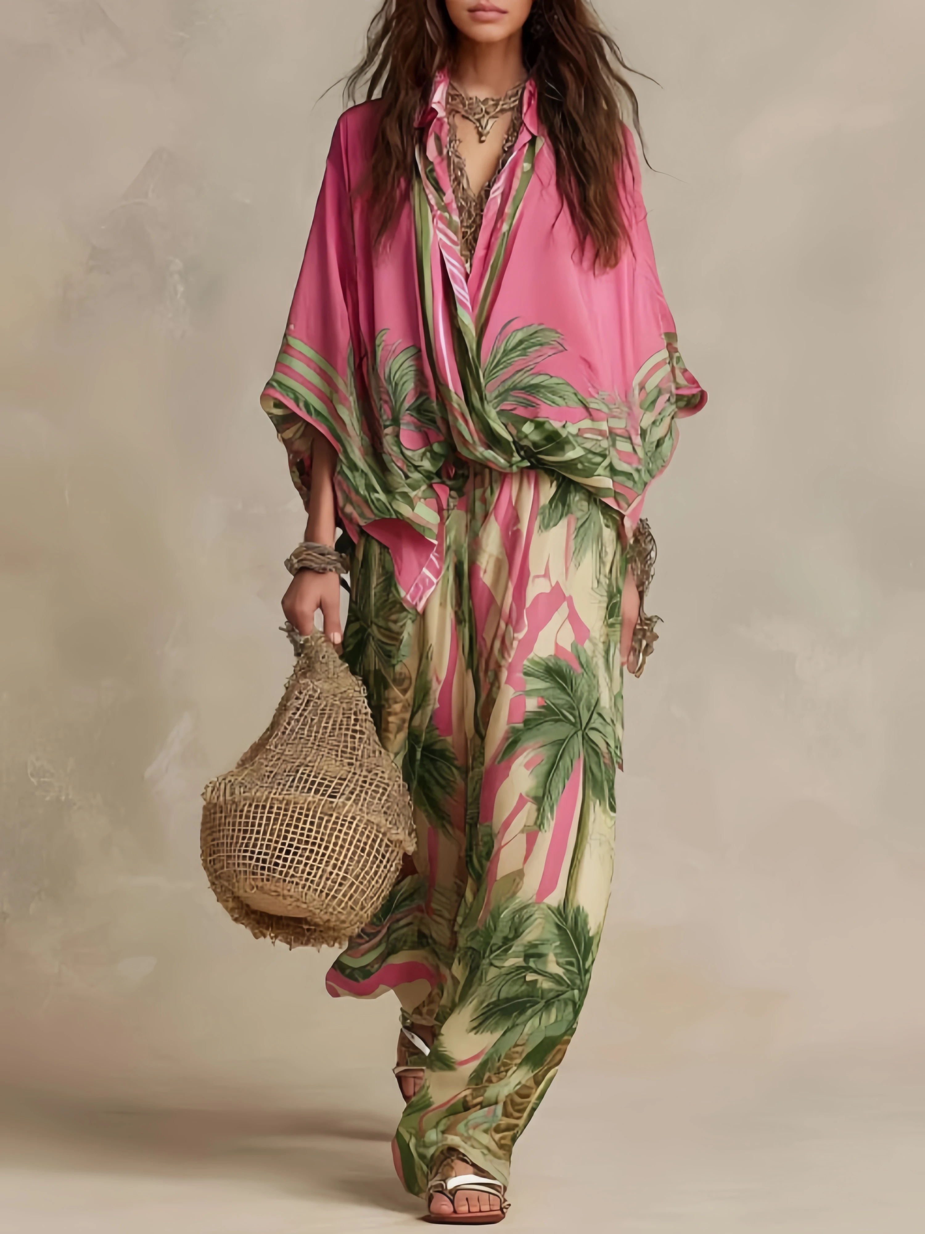 

Fashion Color Print Two Piece Set Women Loose Batwing Sleeve Shirts Wide Legs Trousers 2 Piece Set Female Vacation Suits