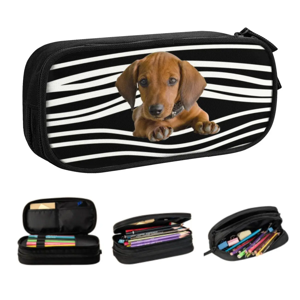Custom Dachshund Stripes Pencil Cases for Girls Boys Large Capacity Weiner Dog Pen Box Bag Stationery