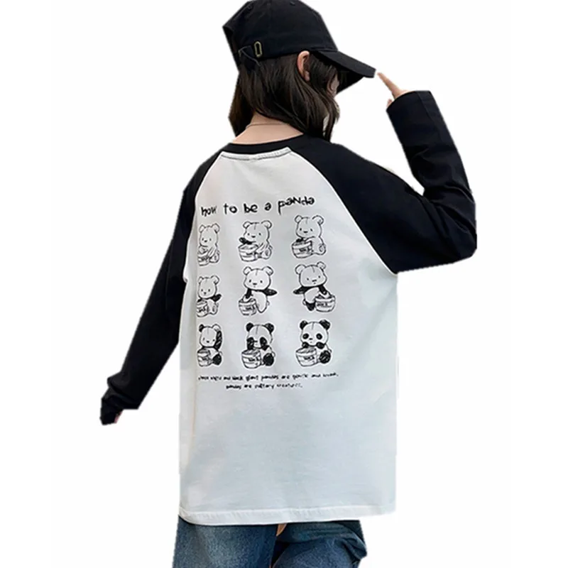 New Spring Kids Long Sleeve Cartoon Panda T-shirt For Girls Patchwork Cotton Tshirt For Teens Child Fashion Tee Tops Age 5-14 Y