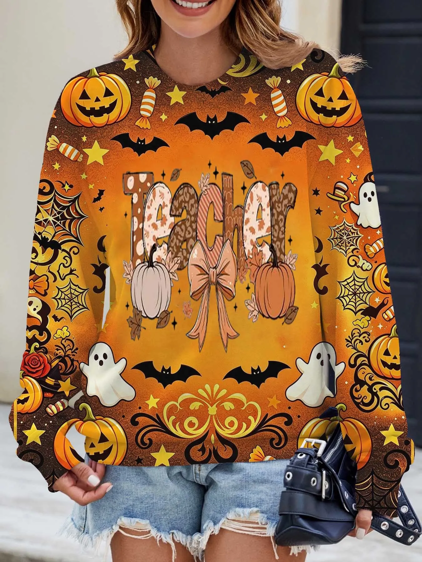 Women Round Neck Long Sleeve T-shirt Fashion New Street Top Halloween Bow Ghost Pumpkin Print Casual Autumn Ladies Daily Wear