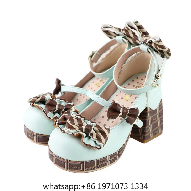 Sweet Girls Lolita High Heels Platform Shoes ,Young Women Students Cute Chocolate Candy Bowknots Ankle Strap Mary Janes
