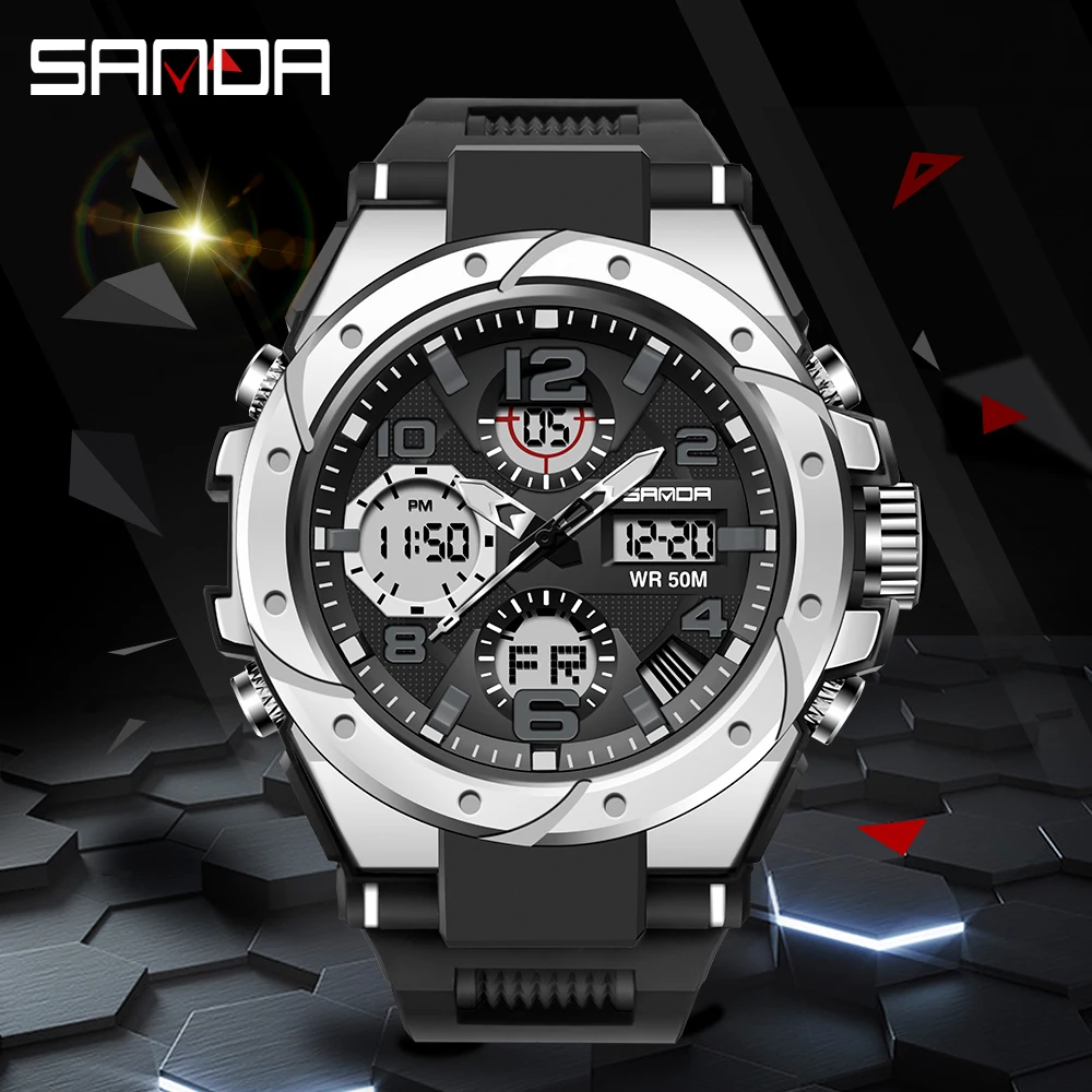 SANDA Outdoor Sports Men\'s Quartz Watch Military Waterproof Watches G Style Dual Display LED Digital Men Watch Relogio Masculino