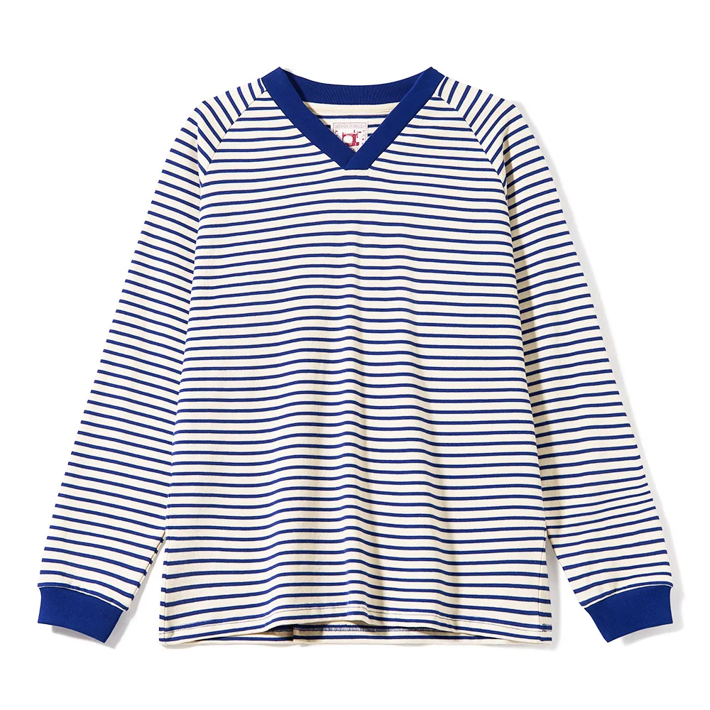 

Heavyweight Cotton Striped Long-Sleeve T-Shirt American Retro Washed V-Neck Rugged Breton Stripe Classic Blue and White T-Shirt