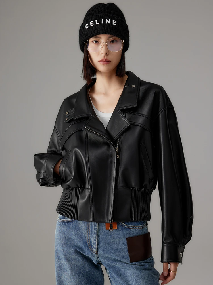 

Genuine Leather Motorcycle Bomber Jackets for Women Spring Autumn 2026 New High-end Simple Black Short Real Sheepskin Coat