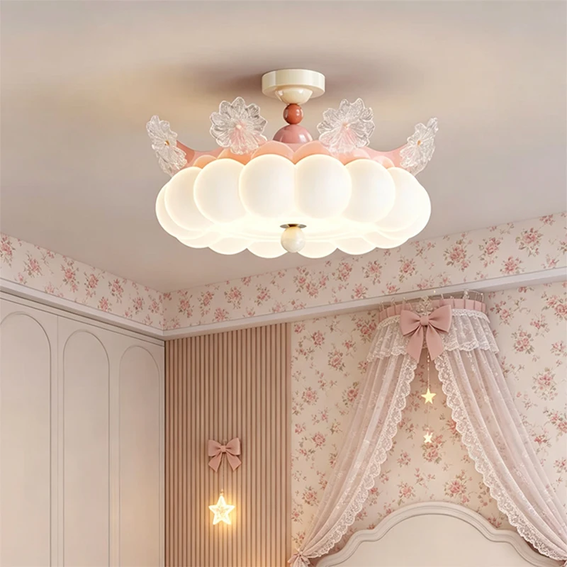 French Cream Style Children's Room Cloud Ceiling Lamps Crown Glass Petal Lamp Warm Princess Room Boy Girl Bedroom Ceiling Lights