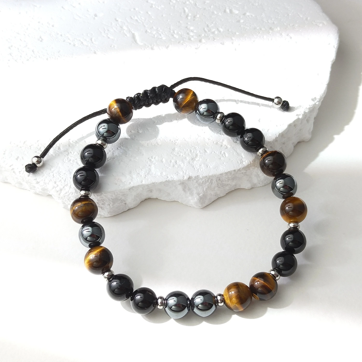 

Lii Ji натуральный камень тигровый глаз гематит черный турмалин 8 мм регулируемый браслет для мужских ювелирных изделий 20-27 см