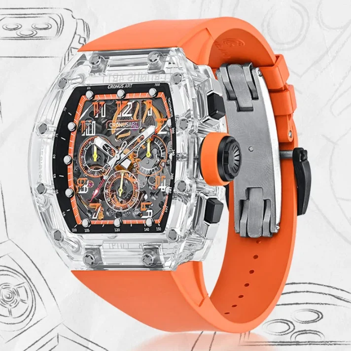CRONUSART ساعة كرونوغراف للرجال 50 مللي متر تونيو الياقوت ساعة اليد الميكانيكية مضيئة الهيكل العظمي الهاتفي حزام مطاط الفلور