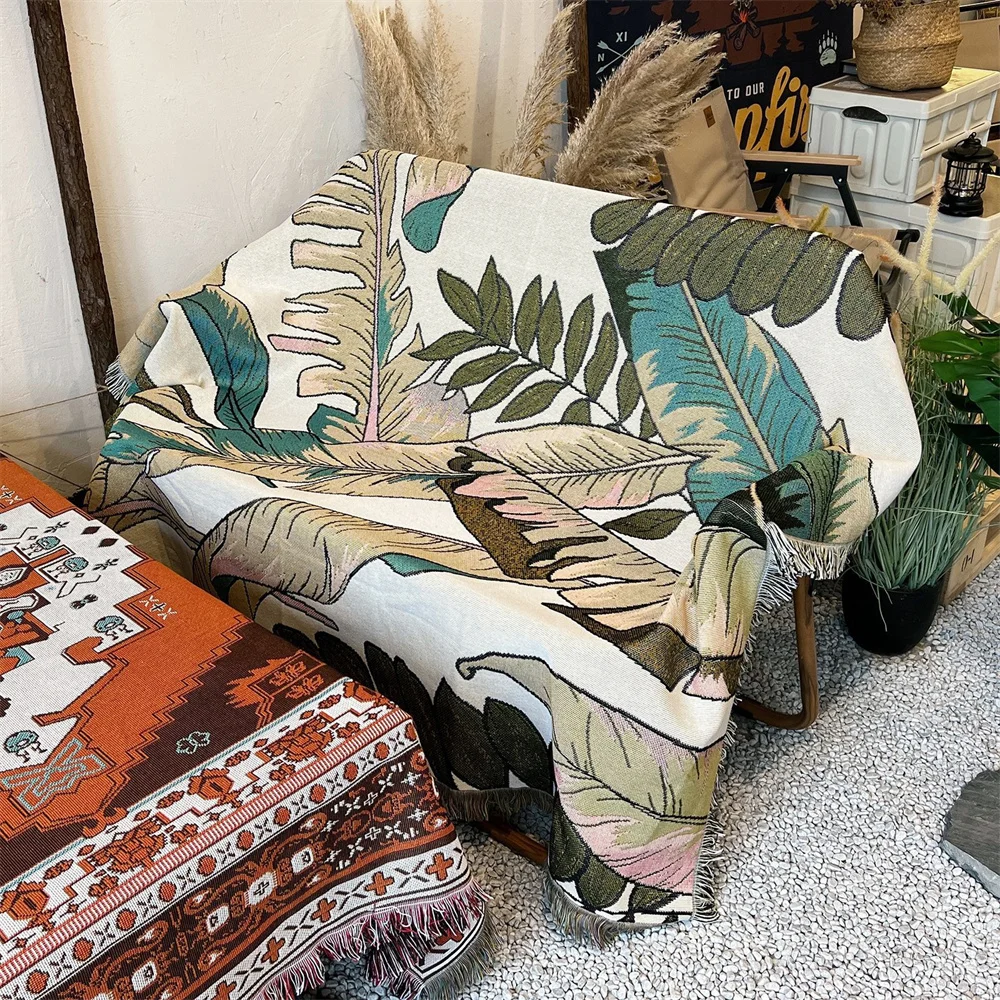 

Double Sided Boho Fringed Throwing Blanket Tropical Leaf Pattern Carpet Bed Recliner Chair Couch Sofa Cover 51”X63“ Sofa Blanket