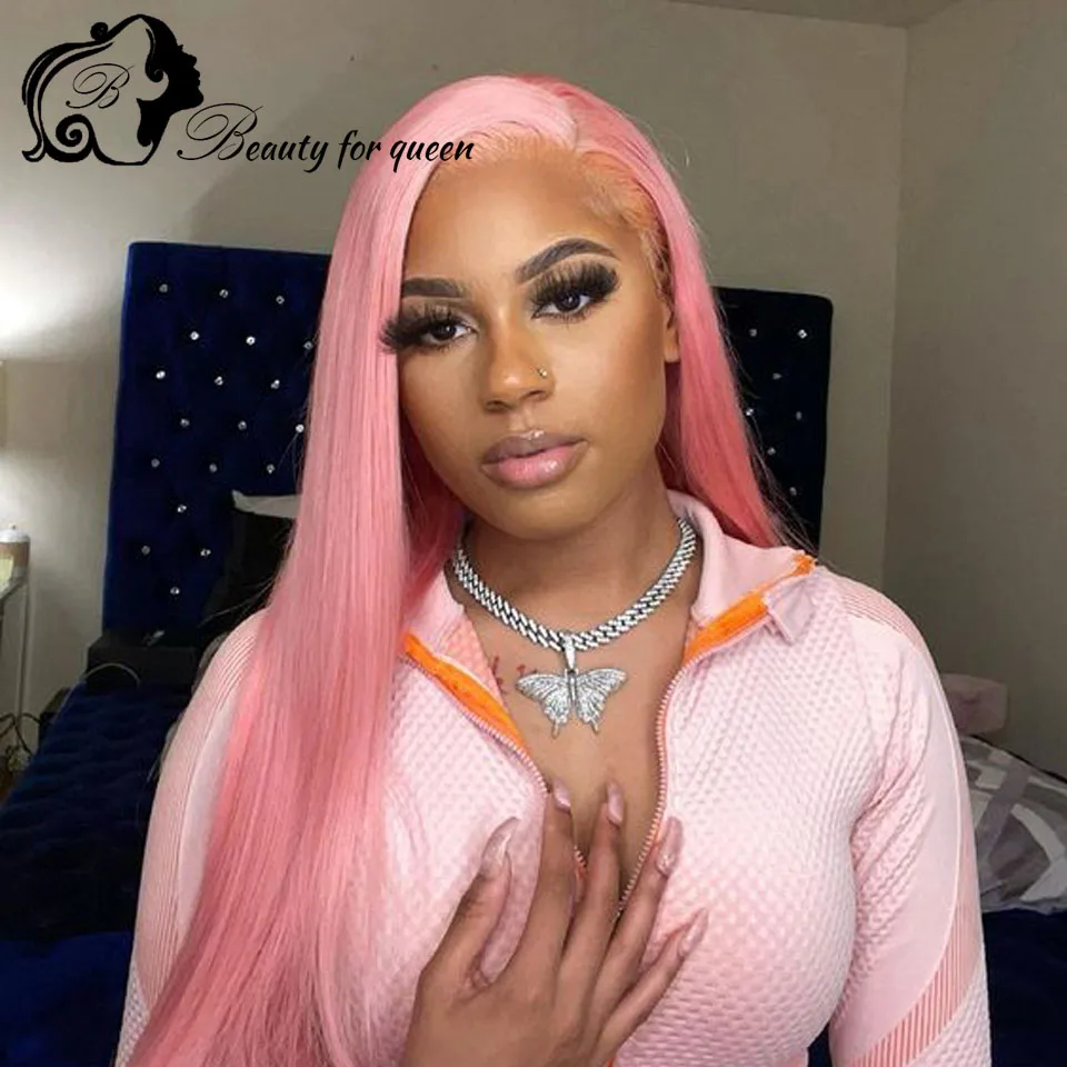 

Pink Long Straight 200 Density Transparent HD Lace Frontal Wigs Cosplay Brazilian Colored Human Hair Wig For Women Pre Plucked