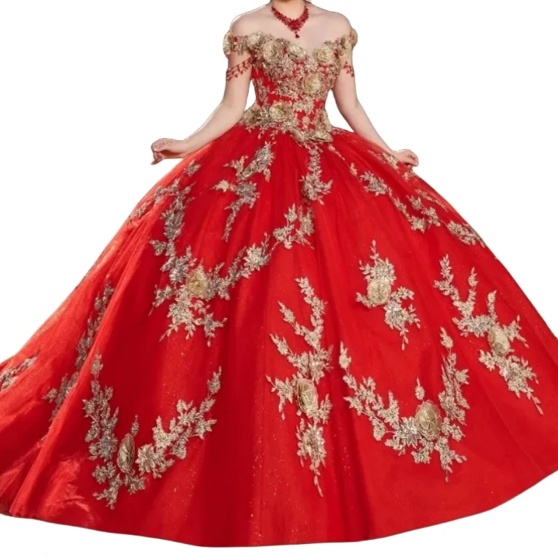 Custom Made Elegant Princess Girl Red Quinceanera Dresses 3D Flower Lace Up Applique Vetido De xv Anos Sweet 16 14 Anos Proms