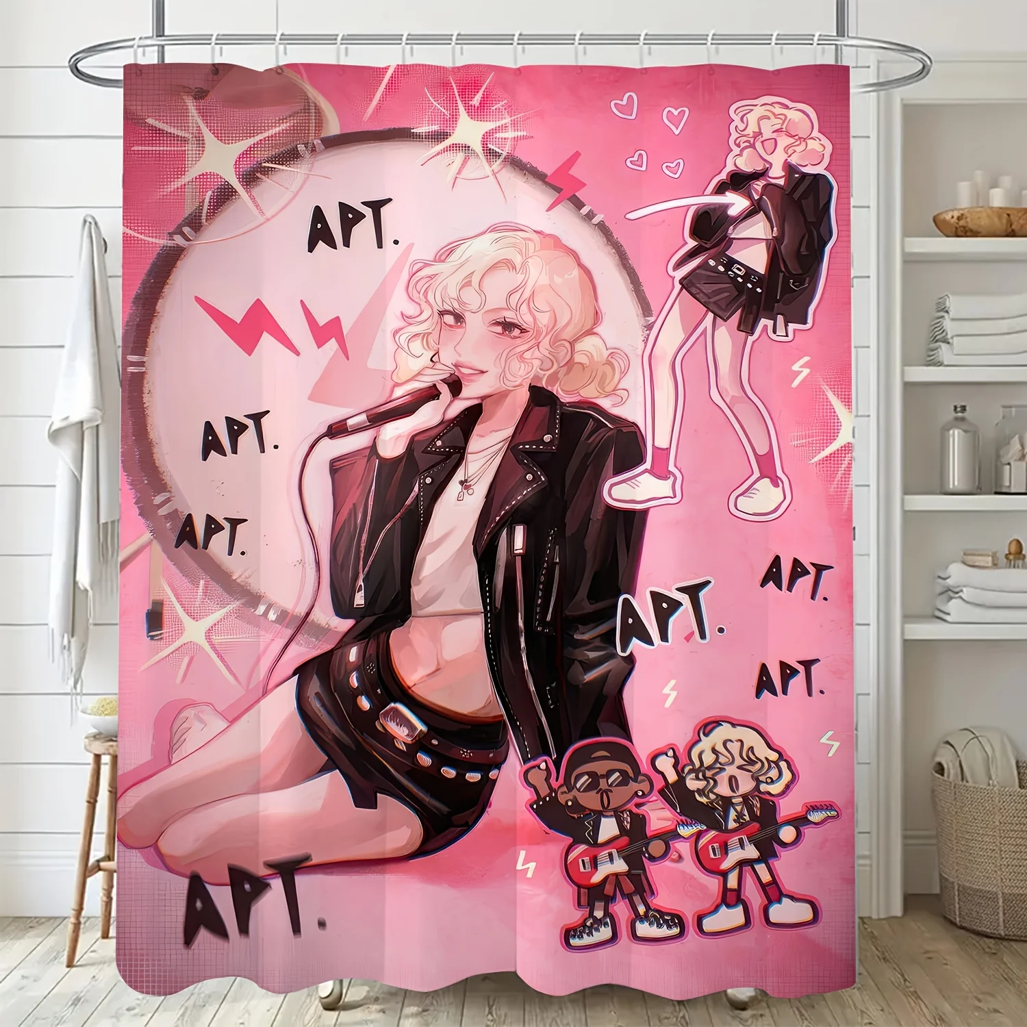 

1 шт., занавеска для ванной с рисунком в американском стиле в стиле ретро — ярко-розовый с дизайном в стиле рок-звезды, полиэстер, который можно стирать в машине, всесезонное использование