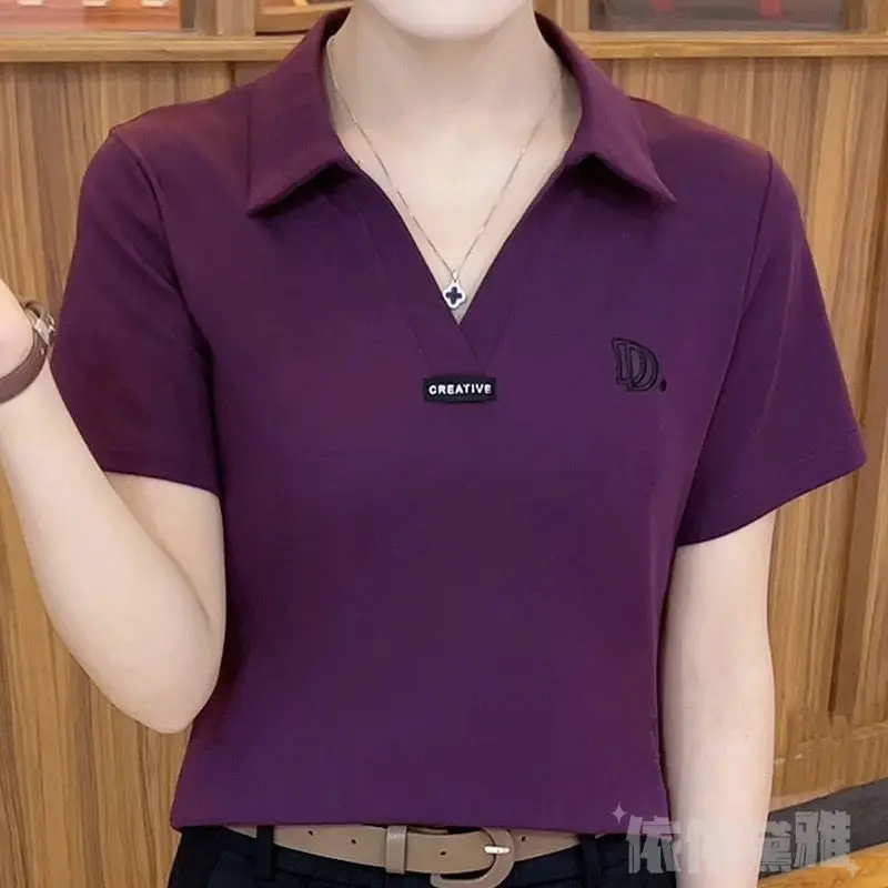 Odzież damska Polo Neck Solid Color Letter Tops Tees Summer Short Sleeve Thin Loose All-match Office T Shirts Fashion Casual