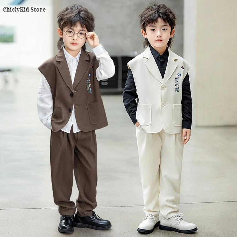 Boys Chinese Vest Pant Tuxedos Kids Waistcoat Wedding Clothes Sets Toddler Formal Dress Suits Children Hanfu Gentlemen Outfits