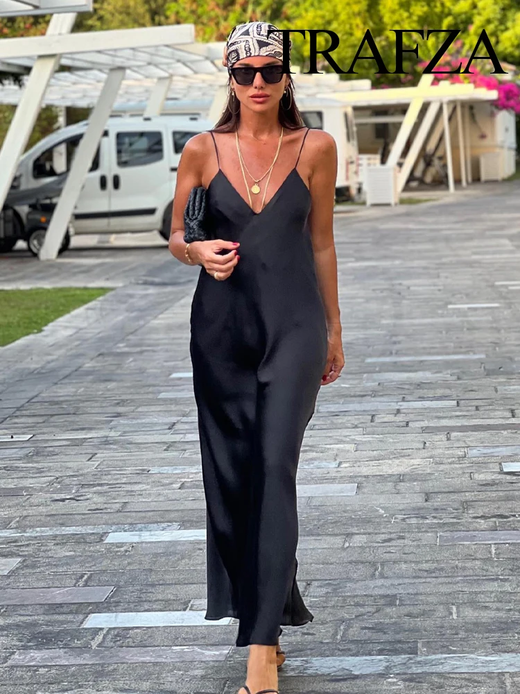 TRAFZA New Fashion Woman Party Evening Slip Prom Dress Female Satin Long Dress Sexy Sleeveless Backless V-neck Sling Midi Dress