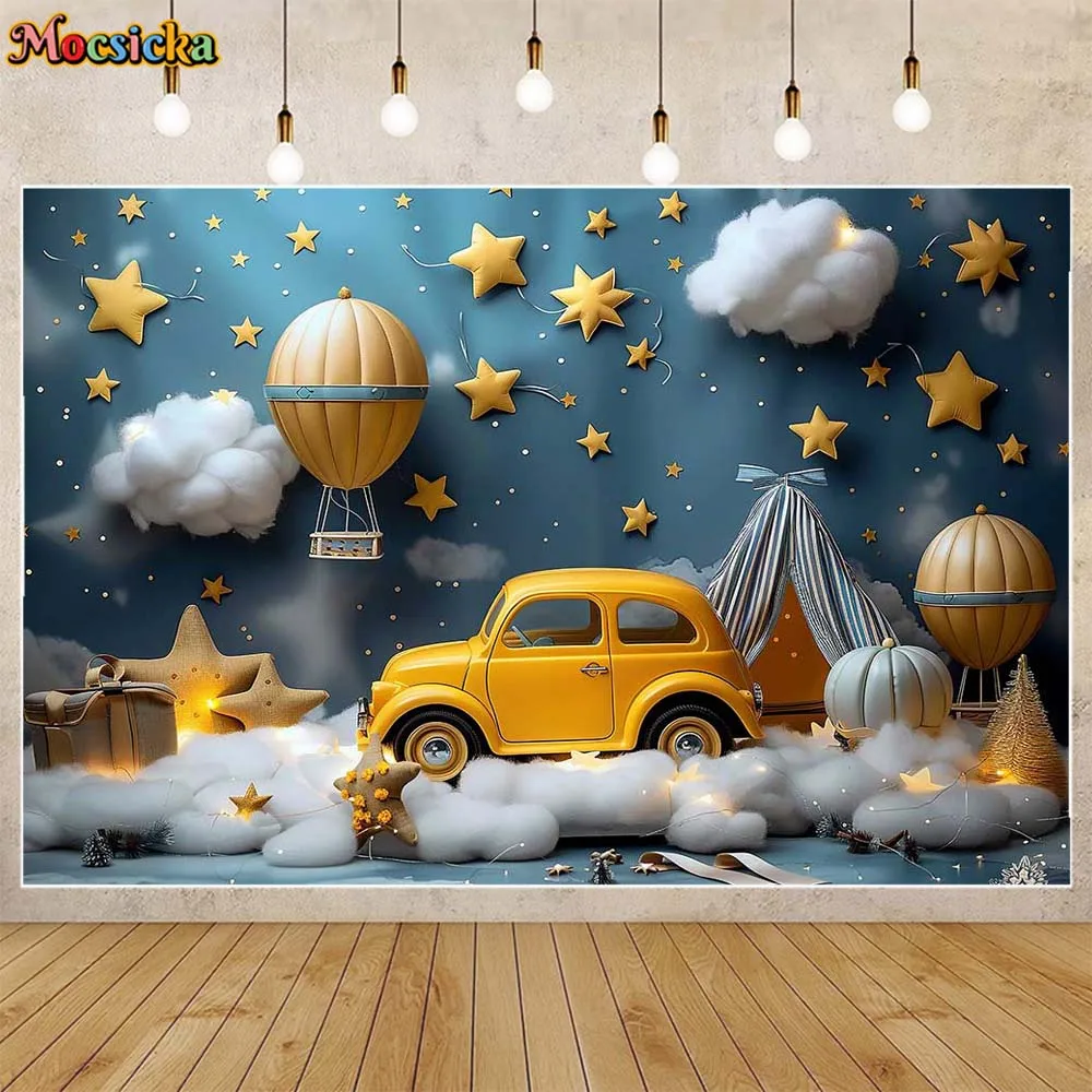 Mocsicka neonato fotografia sfondo mongolfiera giallo auto stella bambino torta di compleanno Smash sfondo per puntelli Studio fotografico