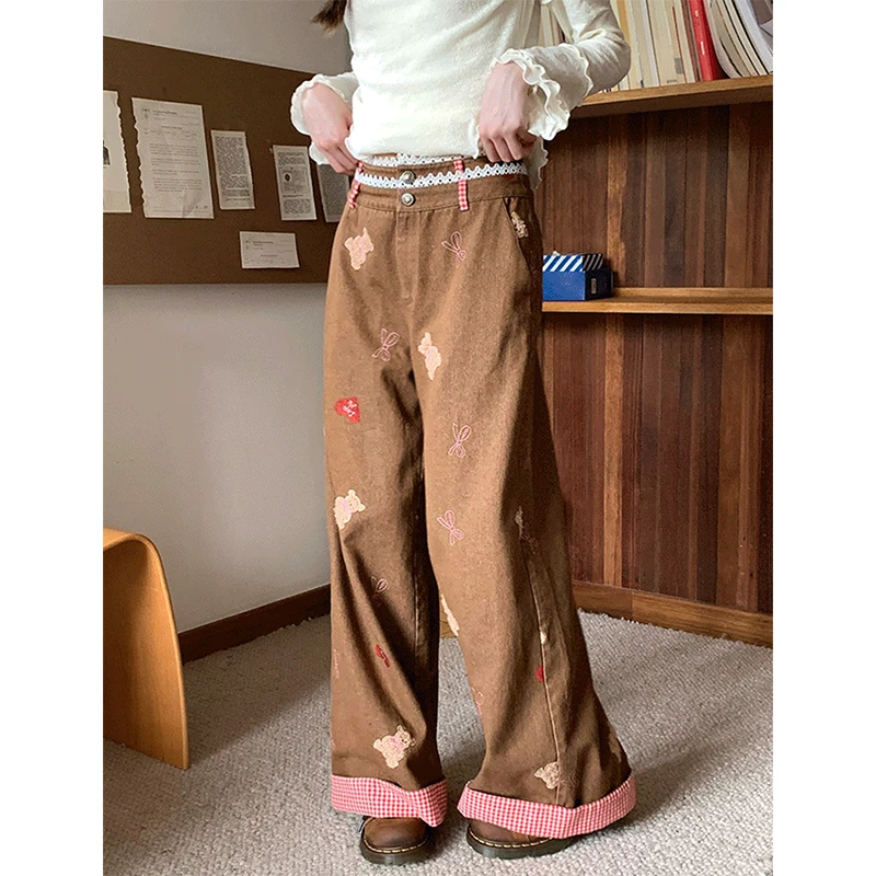 

MEXZT Vintage Bear Embroidery Jeans Women Y2K Lace Plaid Patchwork Wide Leg Denim Pants Japanese Harajuku Baggy Casual Trousers