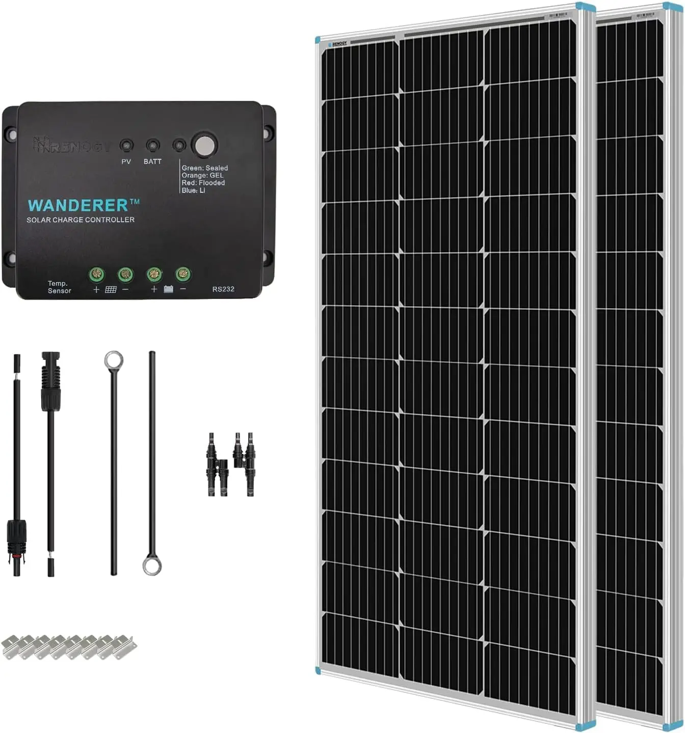 

Renogy 200 Watt 12 Volt Monocrystalline Solar Panel Starter Kit with 2 Pcs 100W Solar Panel and 30A PWM Charge Controller for