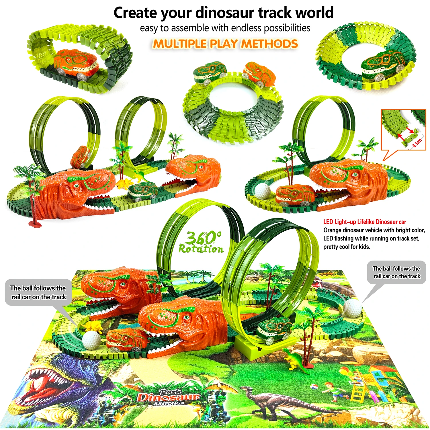 Racing Track Dinosaur Railway Toys Flexible Race Anti gravity orbit  Electronic Flash Light Car Toys for Children Gifts