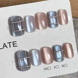 10Pcs Women Handmade Retro Grid Design Press on Nails Full Cover Short Square Ellipse Style False Nails Nail Tips Nail Art