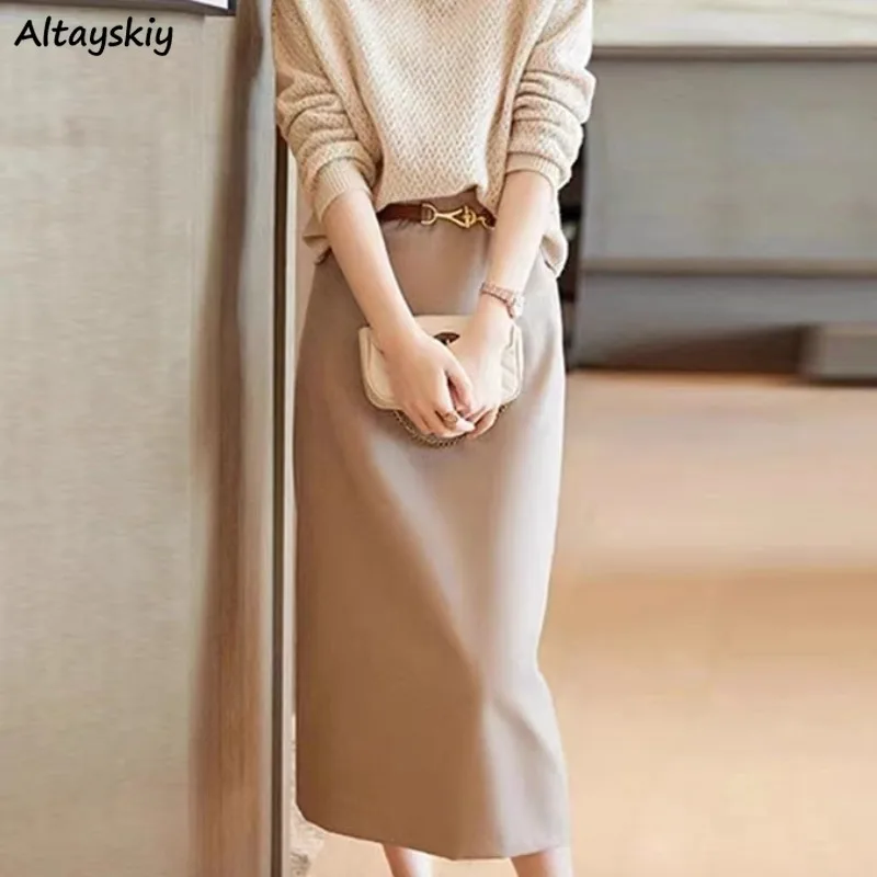 

Woolen Midi Skirts Women Autumn Winter Hip Wrap A-line Solid Empire Elegant All-match Office Lady Graceful Chic Popular Female