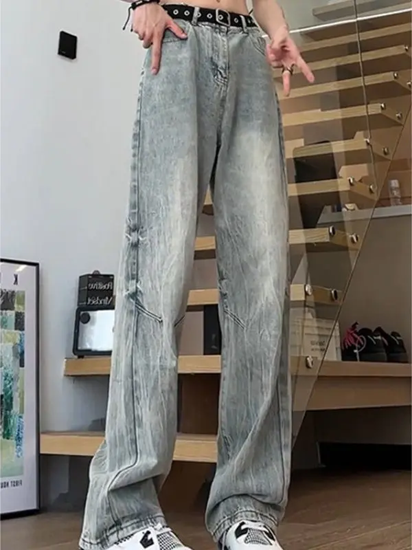 

American Sle Slim Straight Tube Jeans Men's High Street Design Sense Pants Bamboo Node Lightning Pattern Long Trousers