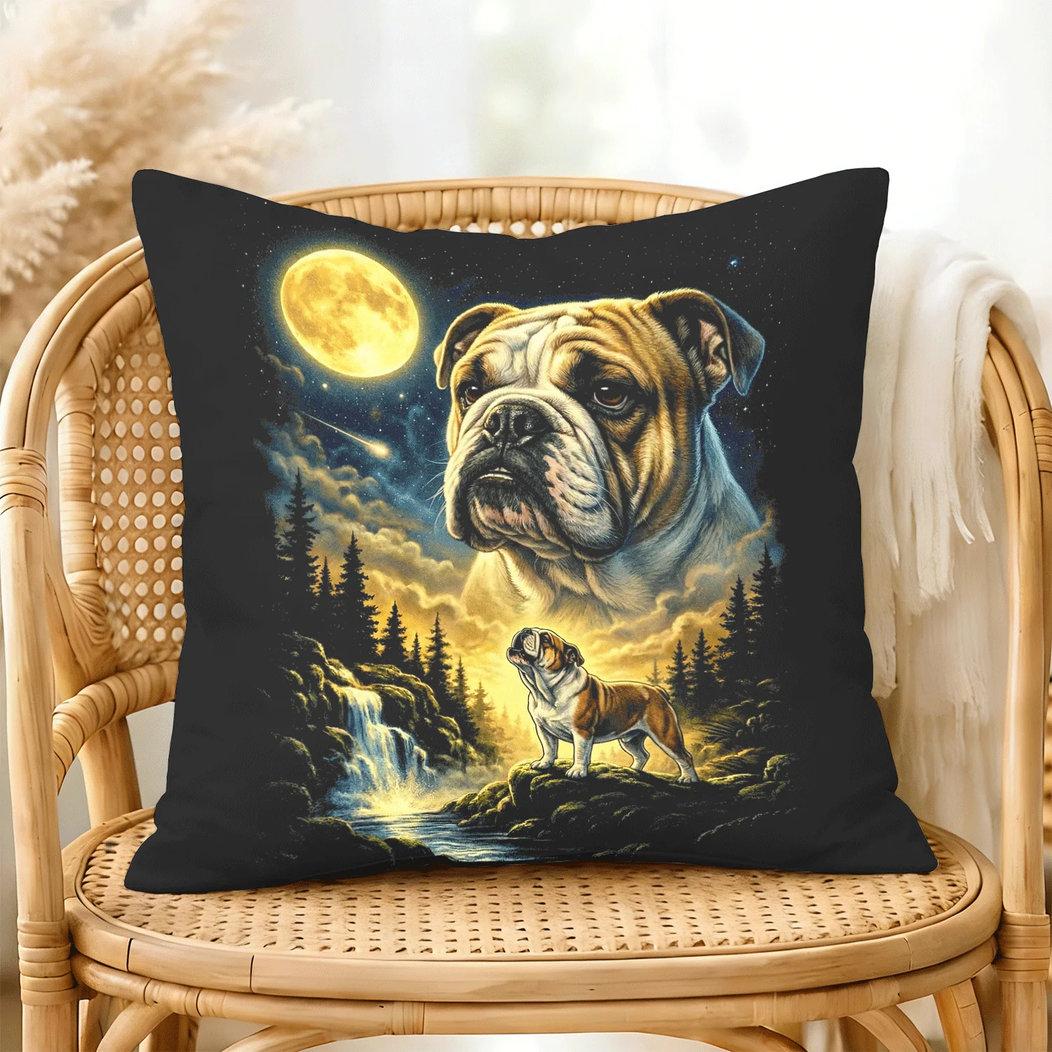 Fun emoticon pack of English bulldogs barking under the moon, 90s dog decoration pillowcase, set of 1, 45x45cm individual printe