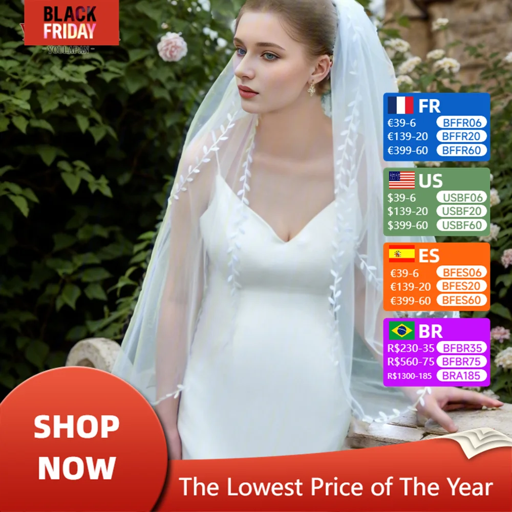 YouLaPan V141 2 Tiers Bridal Veil Elegant Wedding Veil with Blusher French Alencon Lace Cover Front and Back Oval White Bride