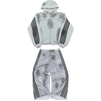 綿Y2K-Two-Pieceのスウェットシャツとストリートウェアのセット,ストライプの刺embroidery,だぶだぶのジーンズ,フード付きスウェットシャツ,ストライプの服,高品質,ネット,赤,ファッション