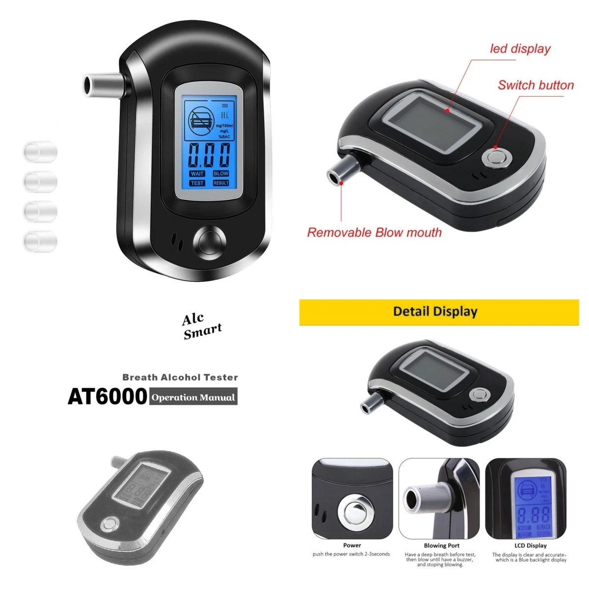 Цифровой тестер дыхания, полицейский мини-пеьяный ЖК-алкотестер At6000 с портативным дисплеем продувочного анализатора