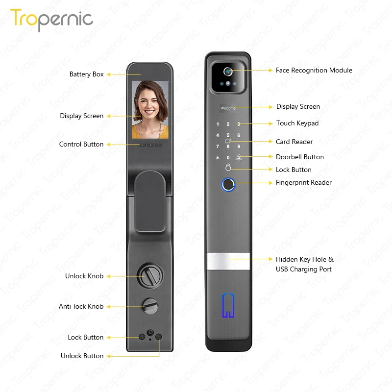 Tropernic Mobile Tuya WiFi  Lock Waterproof Outdoor Smart Biometric Fingerprint Face Automatic Door Lock with Eye Scanner