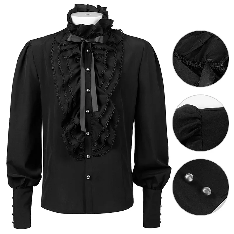 

Mens Black Ruffled Renaissance Victorian Cosplay Shirts Medieval Steampunk Pirate Vampire Shirt Men Halloween Party Prom