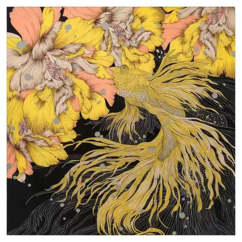 

Женские большие шали 130 см, квадратный шарф из искусственного шелка, палантины с золотым принтом рыбы, бандана, роскошный платок, хиджабы