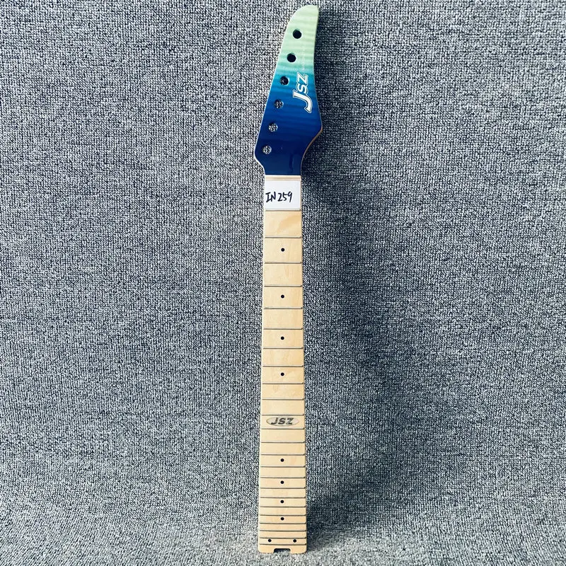 IN259 Sea Blue Flamed Maple Headstock JSZ Electric Guitar Neck Semi Finishing Short Scales for Mini Guitar Replace